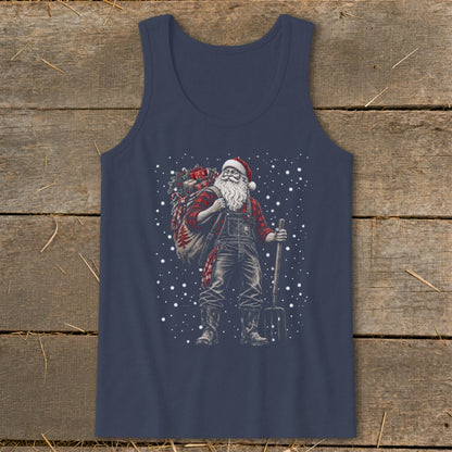 Santa Claus in overalls and flannel shirt carries gifts and a pitchfork.