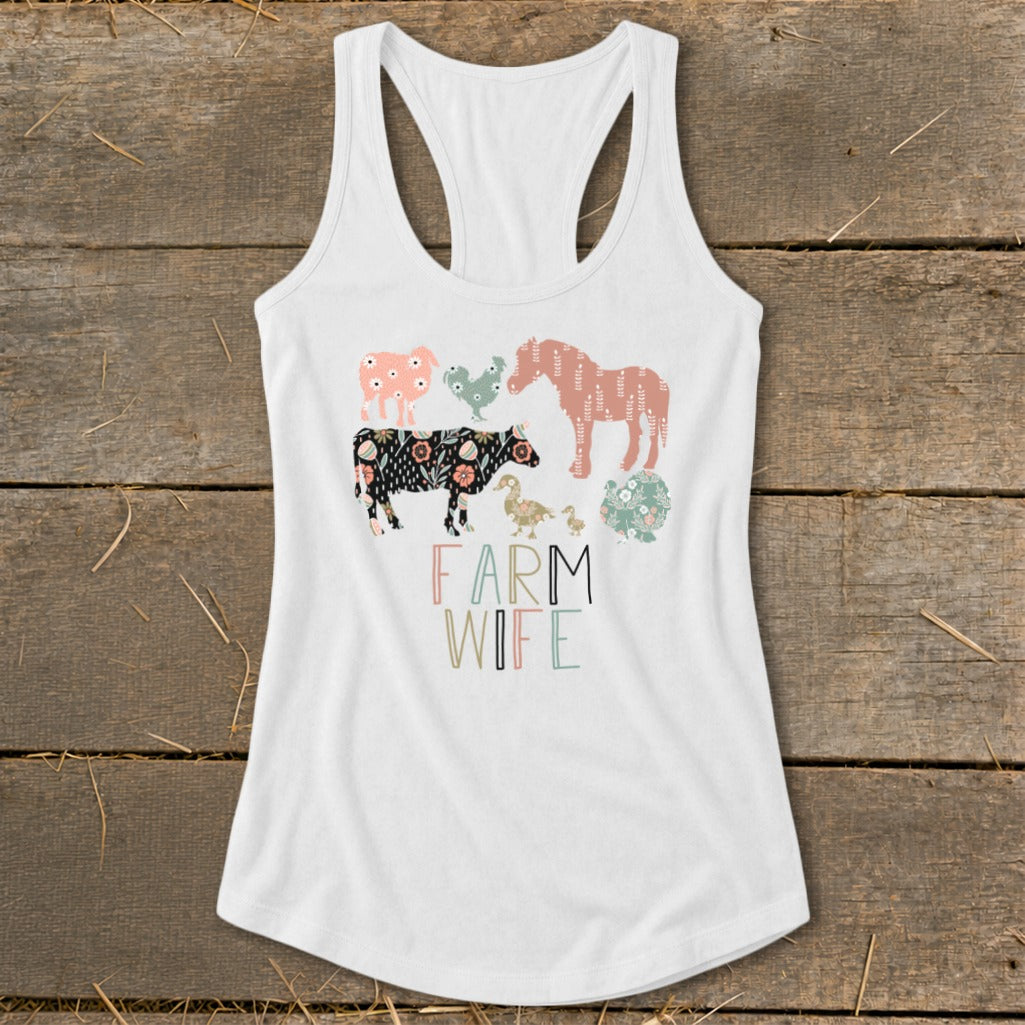 White tank top with farm animals and "FARM WIFE" text in colorful letters.