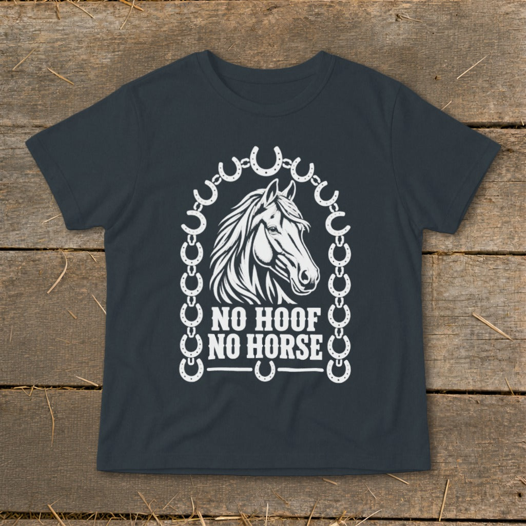 Dark grey t-shirt with white horse graphic and "NO HOOF NO HORSE" text.