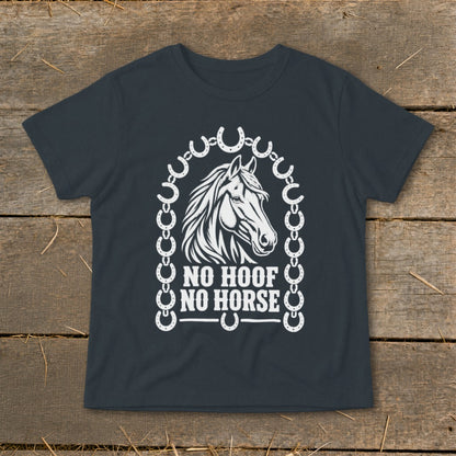 Dark grey t-shirt with white horse graphic and "NO HOOF NO HORSE" text.