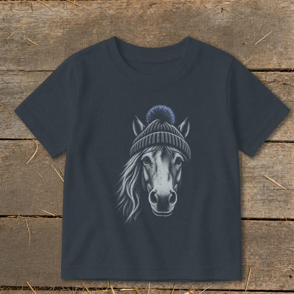 Dark gray t-shirt with a charcoal sketch of a horse wearing a blue beanie.