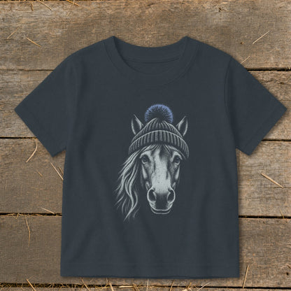 Dark gray t-shirt with a charcoal sketch of a horse wearing a blue beanie.