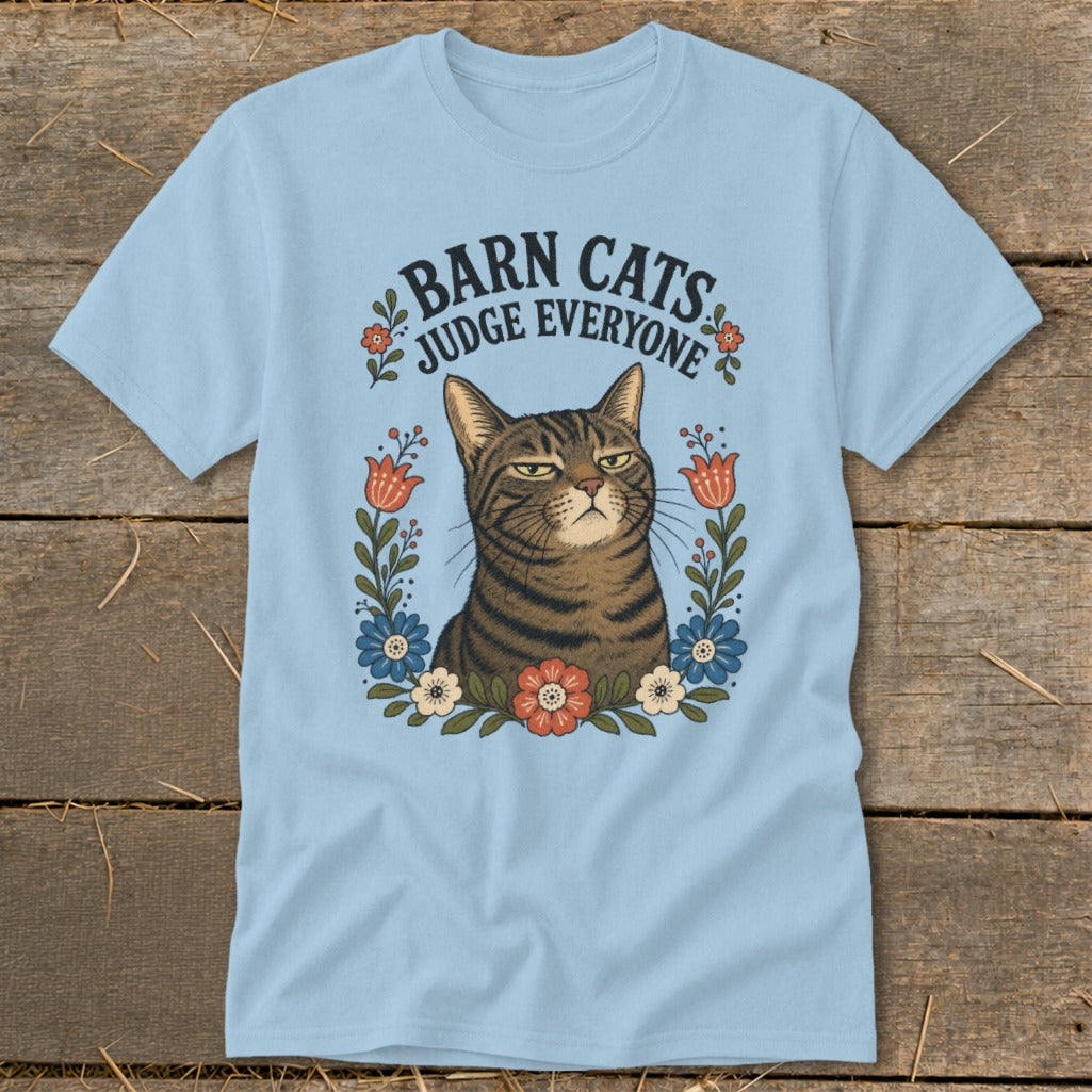 Light blue t-shirt with "Barn Cats Judge Everyone" text and a grumpy cat graphic.