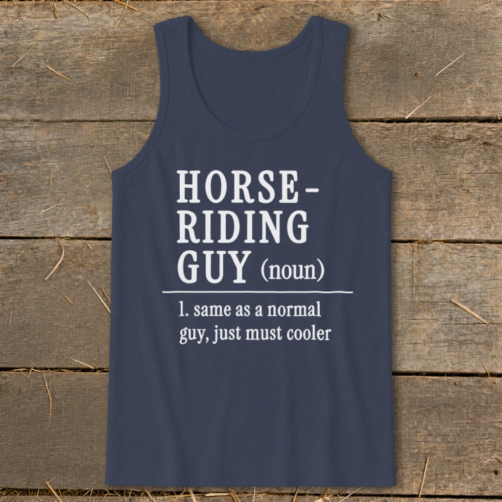 Navy tank top with "Horse-Riding Guy (noun)" definition.