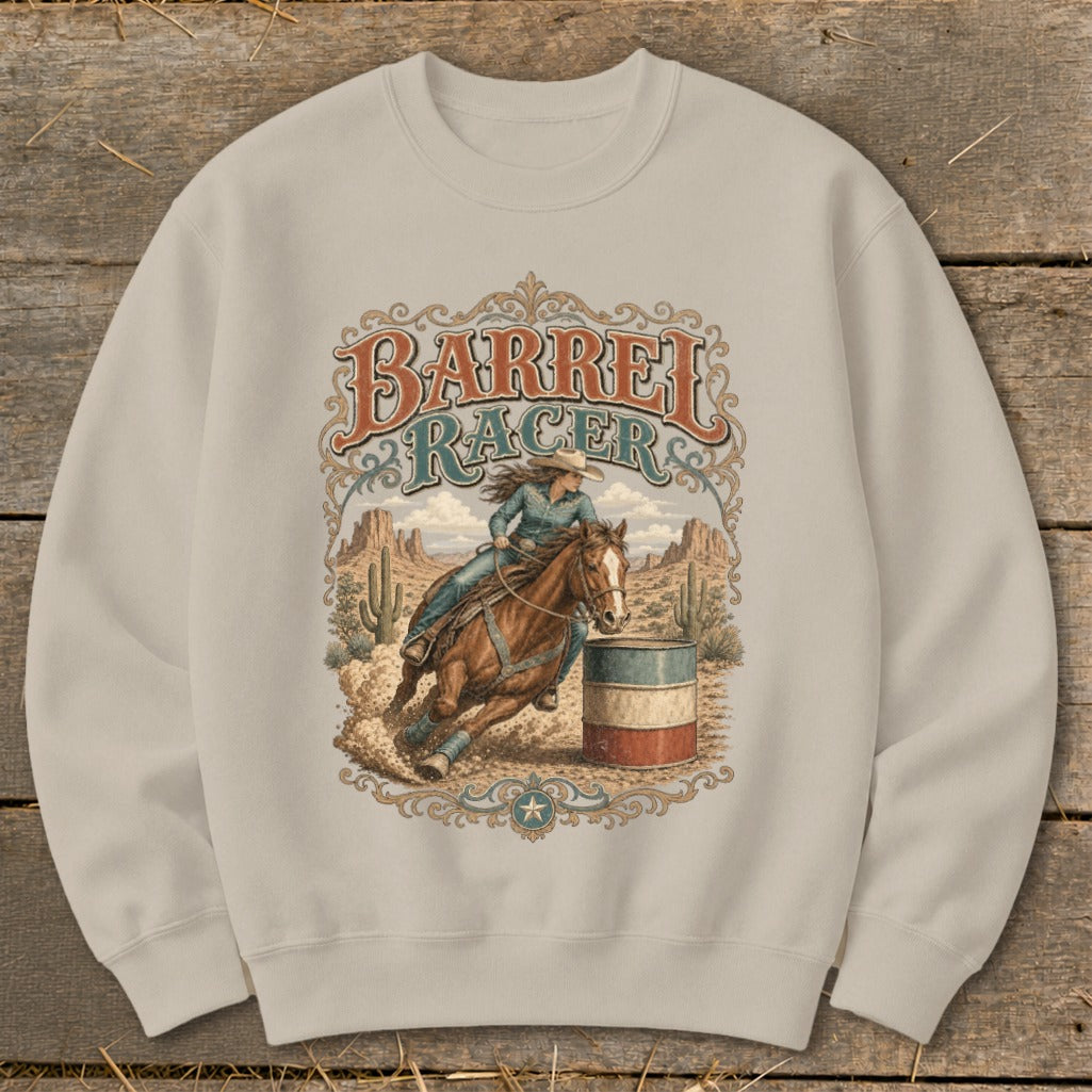 Graphic of a barrel racer on a horse with "Barrel Racer" text in decorative font.