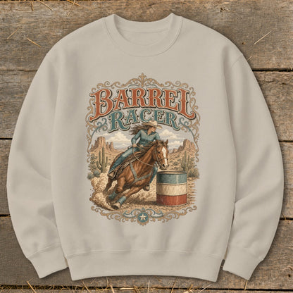 Graphic of a barrel racer on a horse with "Barrel Racer" text in decorative font.
