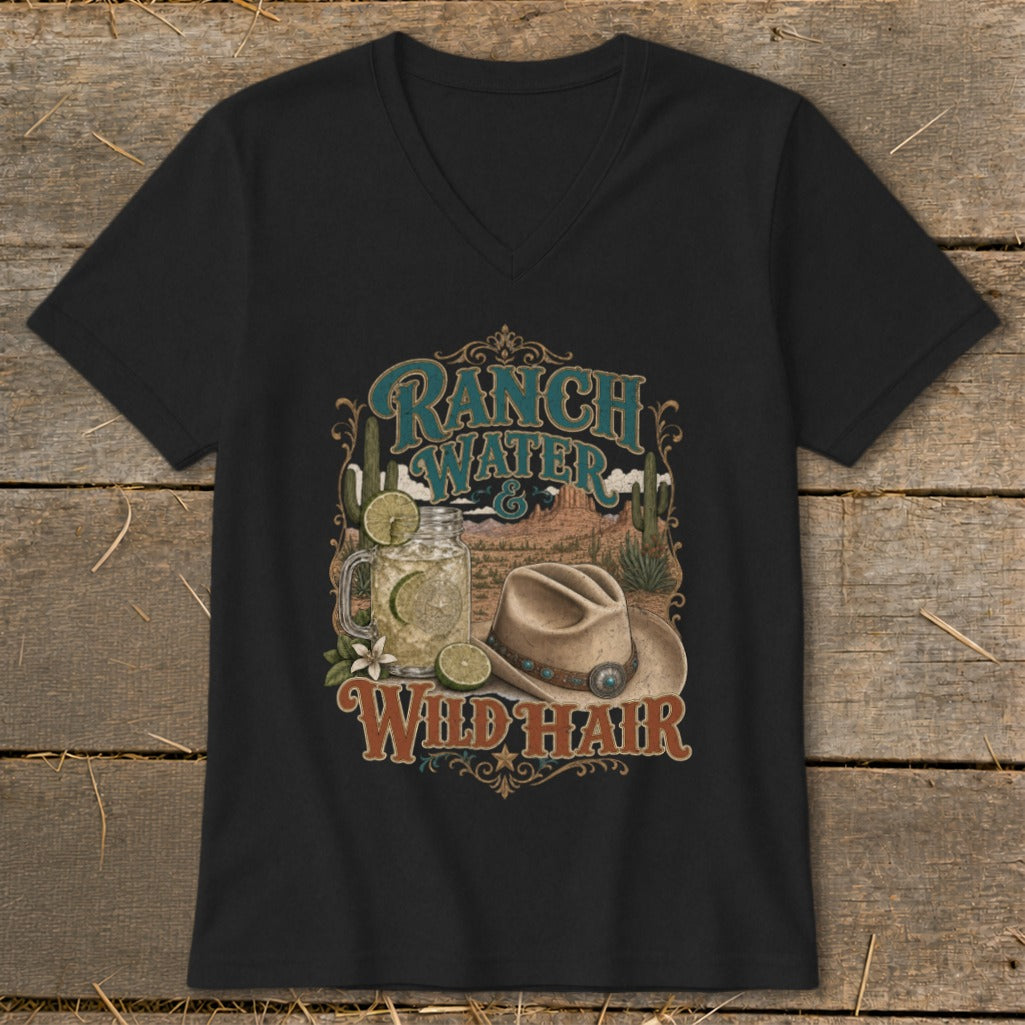 Black v-neck t-shirt with "Ranch Water & Wild Hair" graphic and cowboy hat.