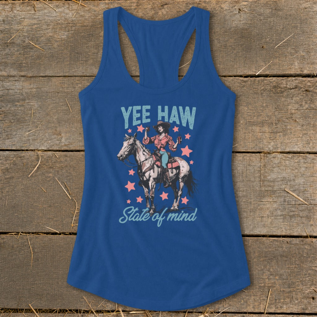Blue tank top with "Yee Haw State of mind" text and a cowgirl on horseback graphic.