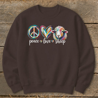 Brown sweatshirt with "Peace Love Sheep" text and a colorful sheep illustration.