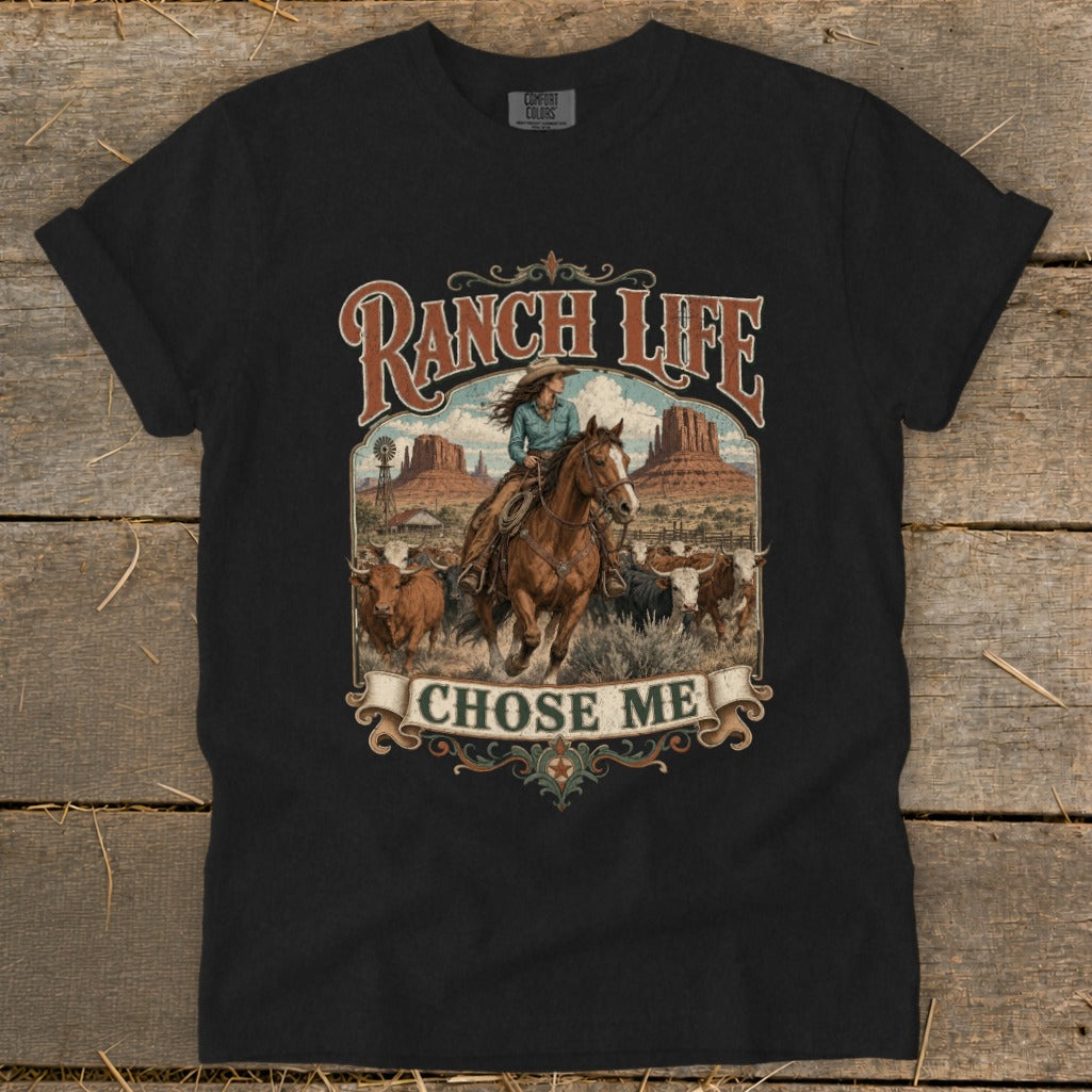 Black t-shirt with "Ranch Life Chose Me" text and cowboy scene graphic.