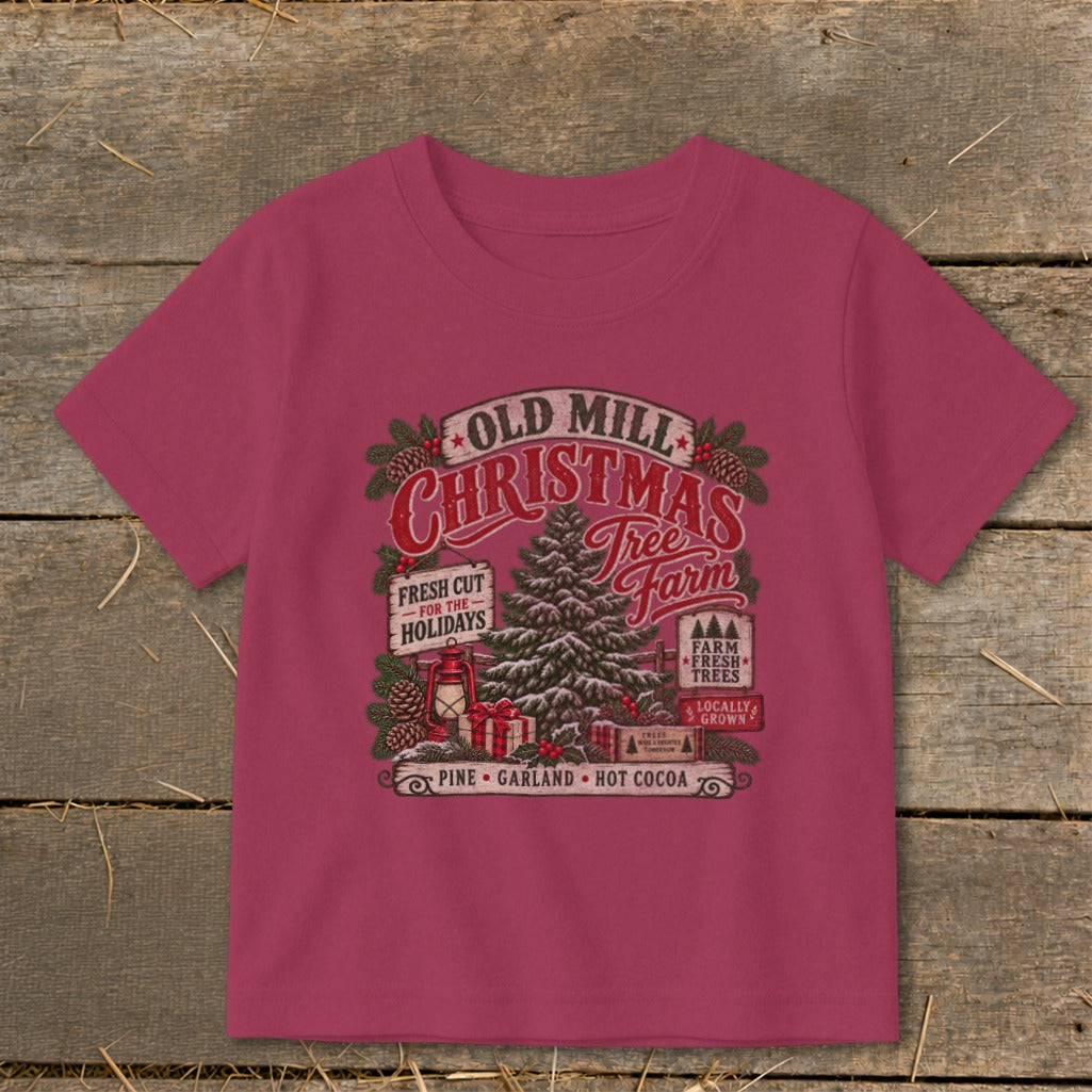 Old Mill Christmas Tree Farm graphic with pine, gifts, and hot cocoa elements.
