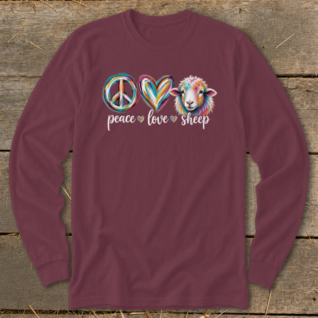 Maroon long sleeve shirt with peace, love, and sheep graphic.