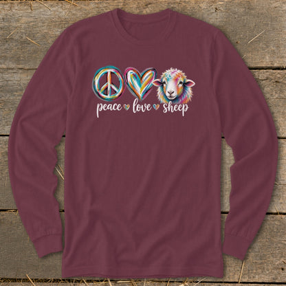 Maroon long sleeve shirt with peace, love, and sheep graphic.