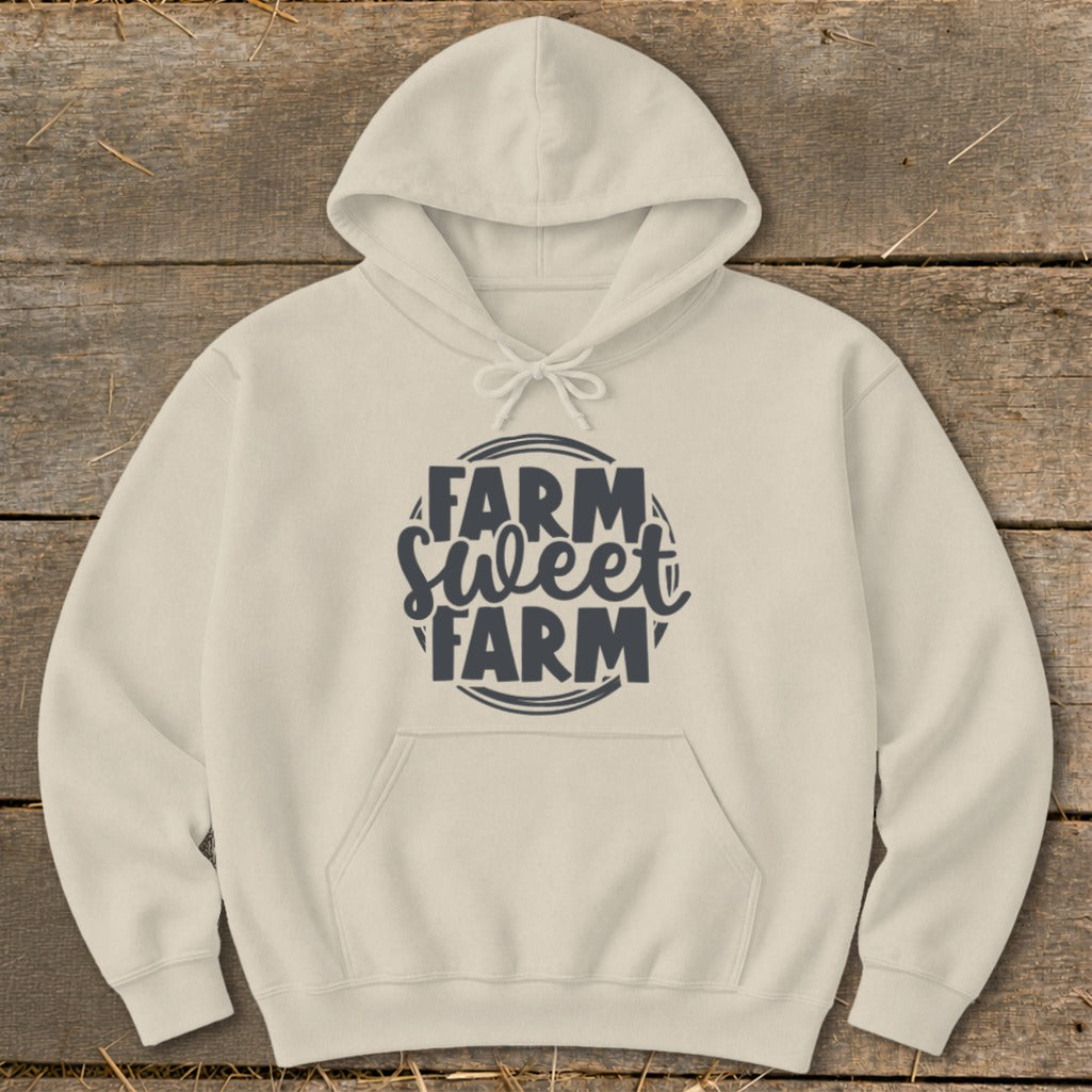 Light beige hoodie with dark grey "Farm Sweet Farm" text graphic.