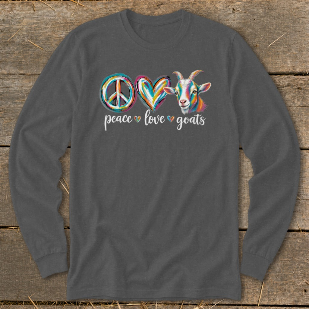 Long-sleeved t-shirt with a colorful peace sign, heart, and goat graphic saying "peace love goats."