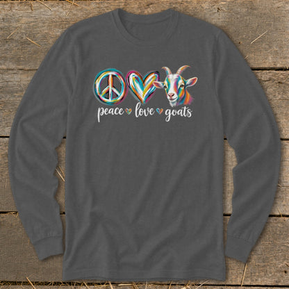 Long-sleeved t-shirt with a colorful peace sign, heart, and goat graphic saying "peace love goats."