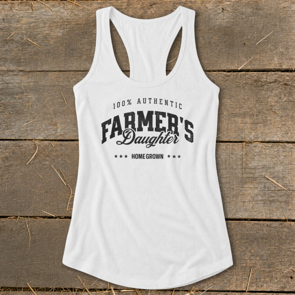 White racerback tank top with "100% Authentic Farmer's Daughter Home Grown" text.