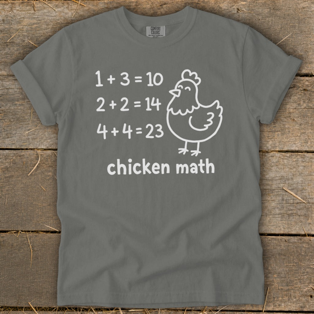 Gray t-shirt with white text and chicken graphic. Text reads "chicken math" with funny math equations.