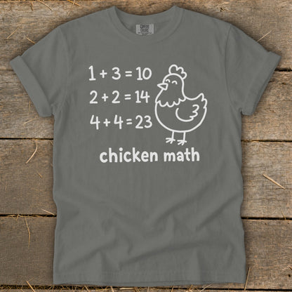 Gray t-shirt with white text and chicken graphic. Text reads "chicken math" with funny math equations.