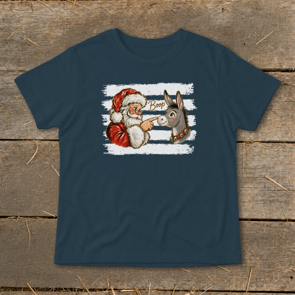 Santa booping a donkey with the word "Boop" on a navy blue t-shirt.
