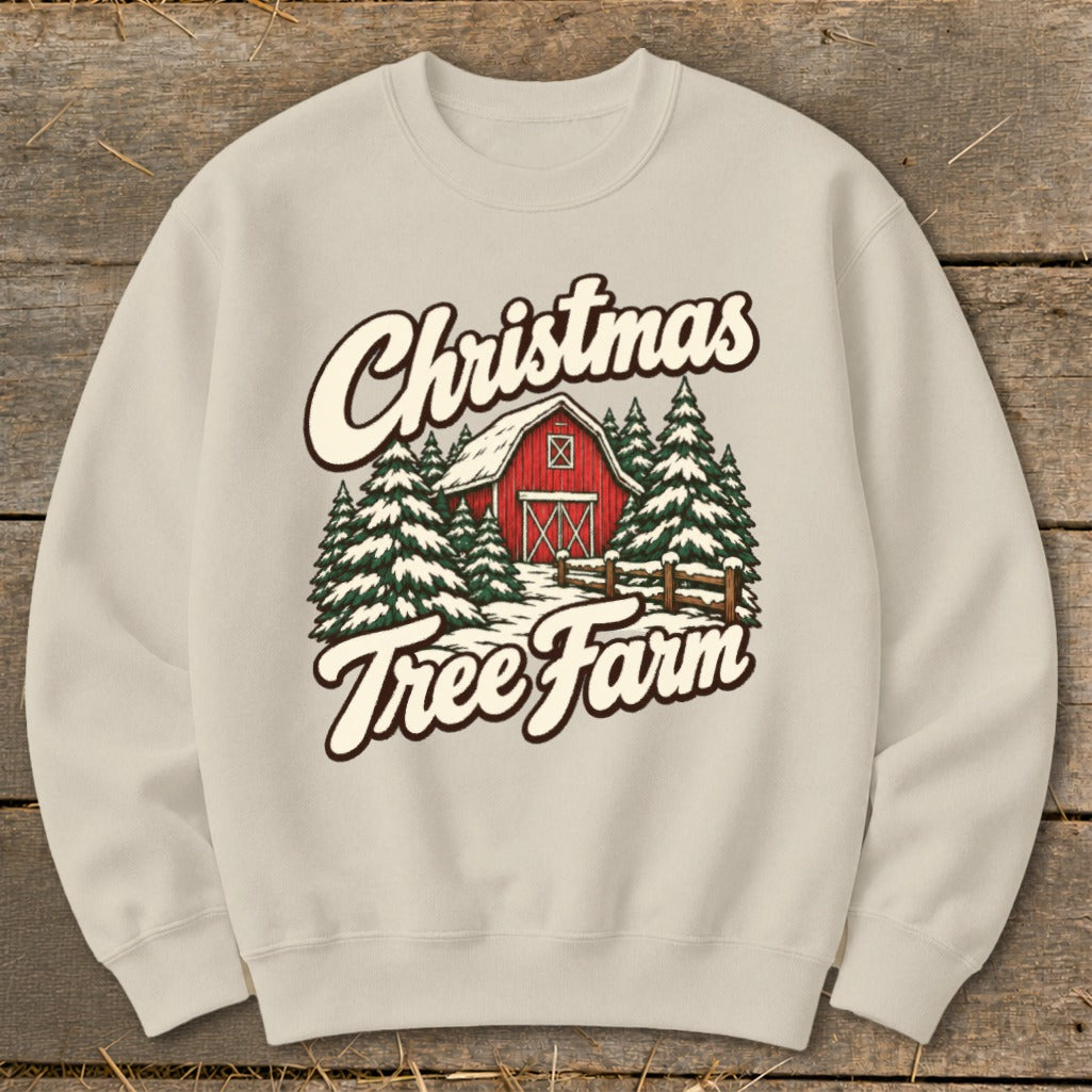 Christmas Tree Farm graphic on a light beige crewneck sweatshirt.
