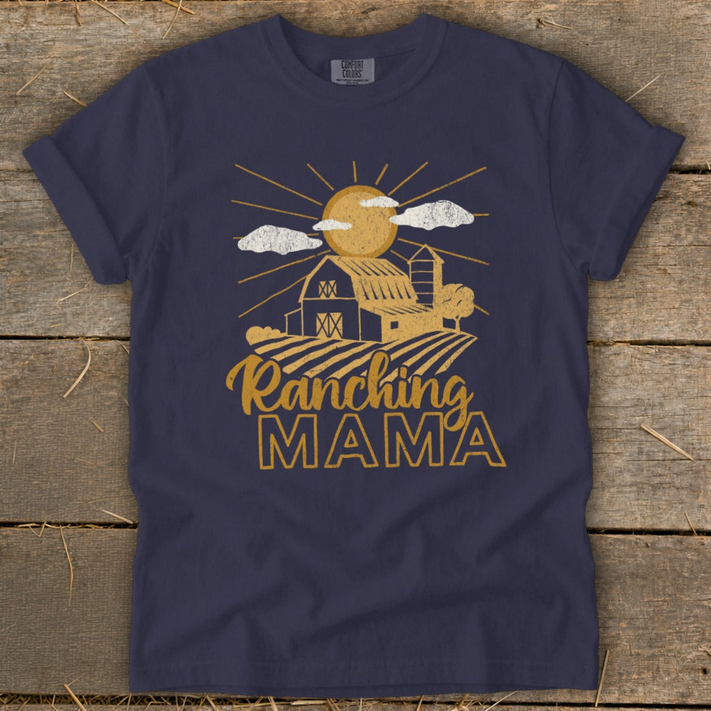 Navy t-shirt with a ranch scene and text "Ranching MAMA".