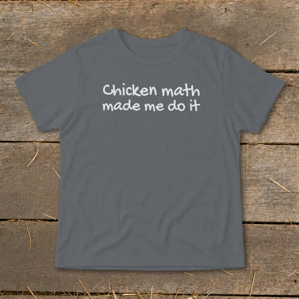 Gray t-shirt with white text "Chicken math made me do it"