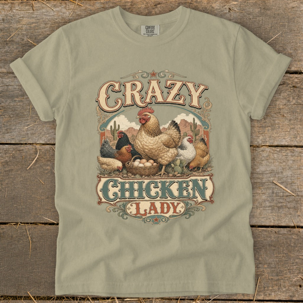 "Crazy Chicken Lady" text with hens and eggs on a t-shirt.