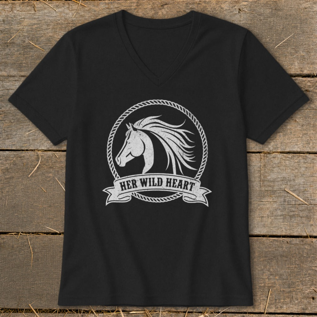 Black v-neck t-shirt with a white graphic of a horse head and "Her Wild Heart" text.