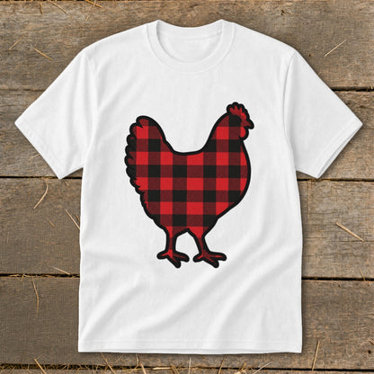 White t-shirt with a red and black buffalo plaid chicken graphic.