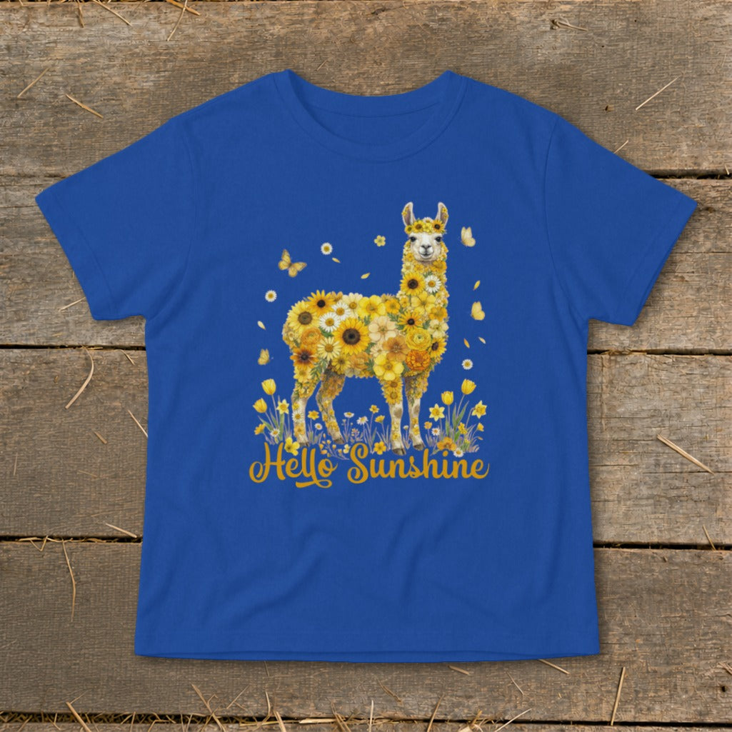 Llama made of yellow flowers with "Hello Sunshine" text.