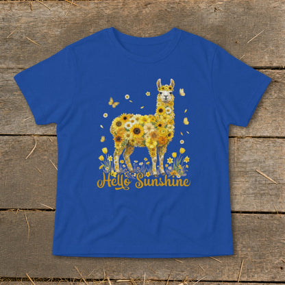 Llama made of yellow flowers with "Hello Sunshine" text.