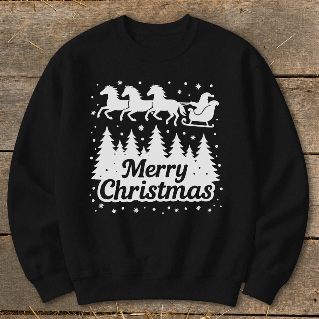 Black sweatshirt with white graphic of Santa's sleigh pulled by horses and "Merry Christmas" text.