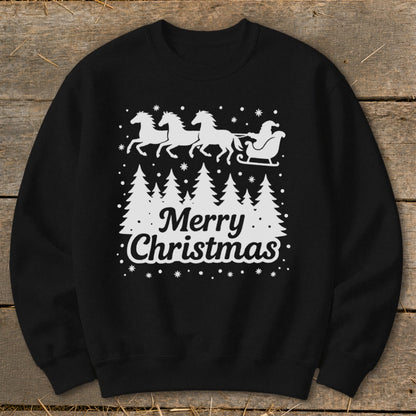 Black sweatshirt with white graphic of Santa's sleigh pulled by horses and "Merry Christmas" text.