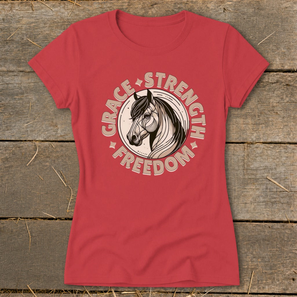 Red t-shirt with a horse head graphic encircled by the words Grace, Strength, and Freedom.