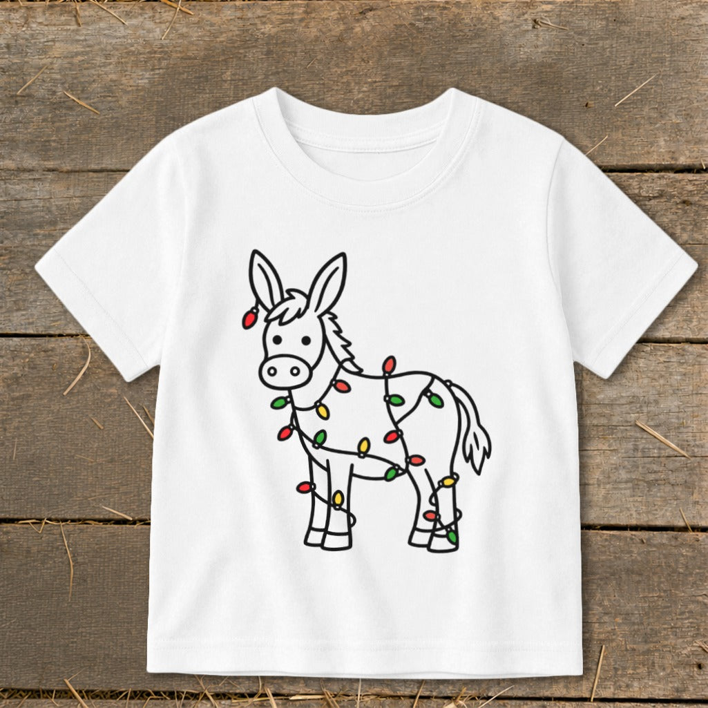 White t-shirt with a black outline drawing of a donkey wrapped in Christmas lights.
