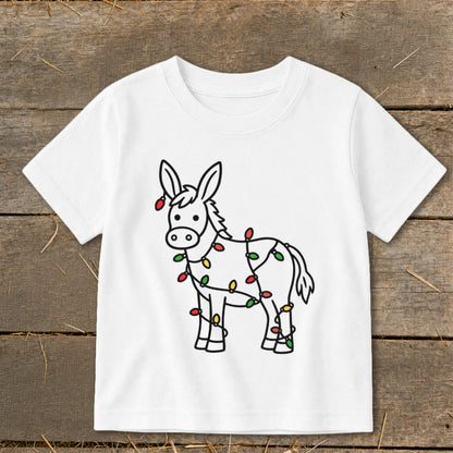 White t-shirt with a black outline drawing of a donkey wrapped in Christmas lights.
