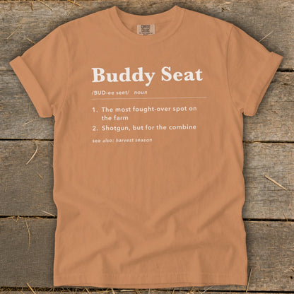 Orange t-shirt with "Buddy Seat" definition.
