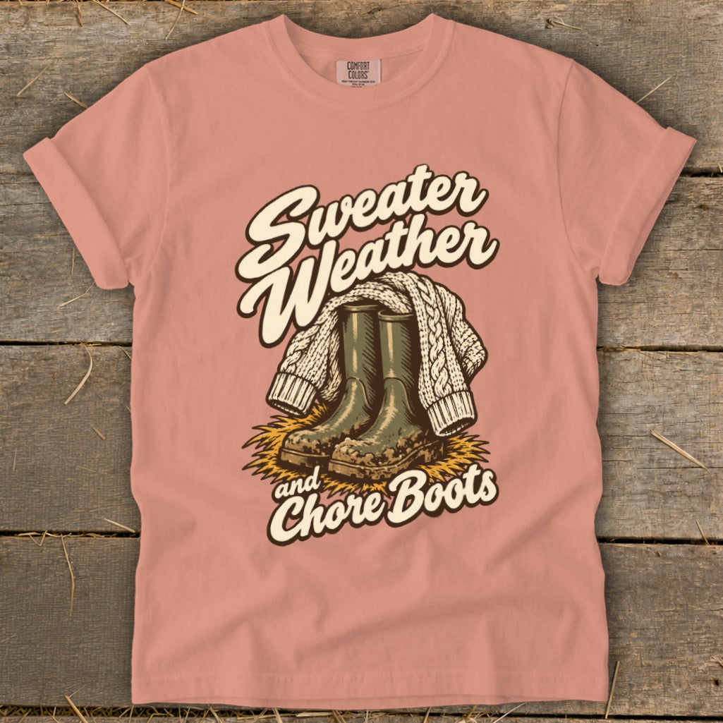 T-shirt with "Sweater Weather and Chore Boots" graphic featuring boots and a sweater.