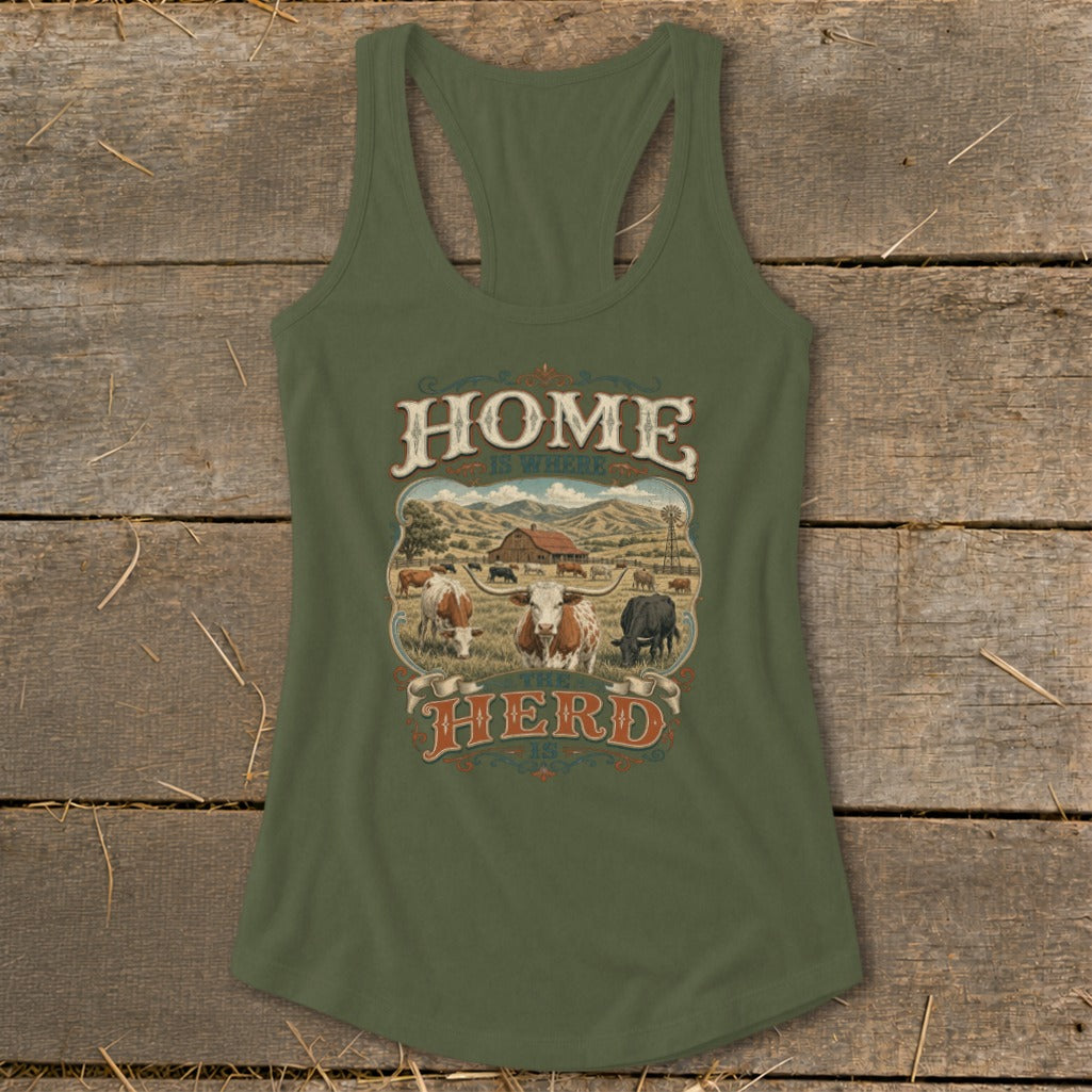 Olive green tank top with "Home is Where the Herd Is" farm graphic.