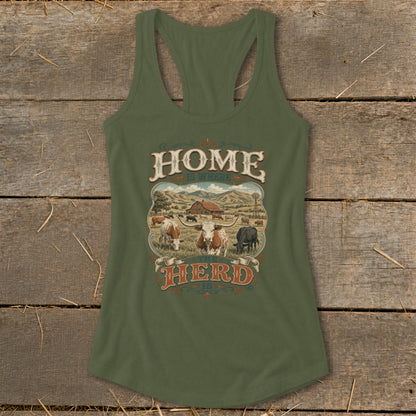 Olive green tank top with "Home is Where the Herd Is" farm graphic.