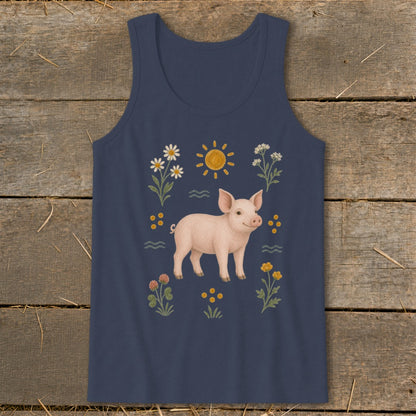 Navy tank top with a pink piglet surrounded by flowers and sun graphic.