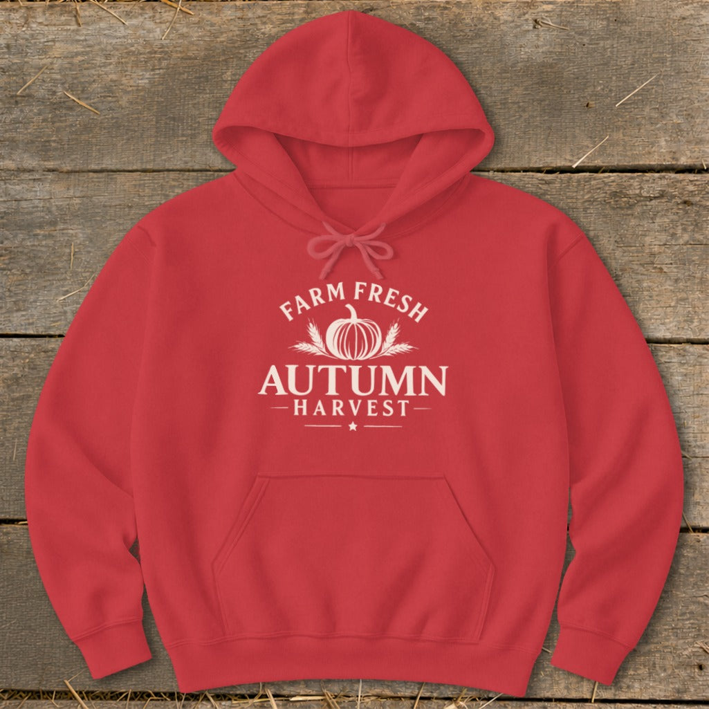 Red hoodie with "Farm Fresh Autumn Harvest" pumpkin and wheat graphic.