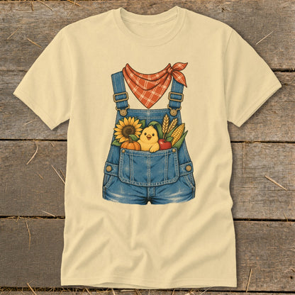 Yellow t-shirt with a denim overalls graphic featuring a chick, sunflower, pumpkin, corn, and apple.