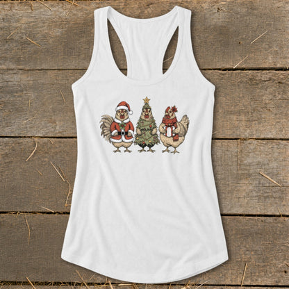 White tank top with graphic of three chickens and a Christmas tree.