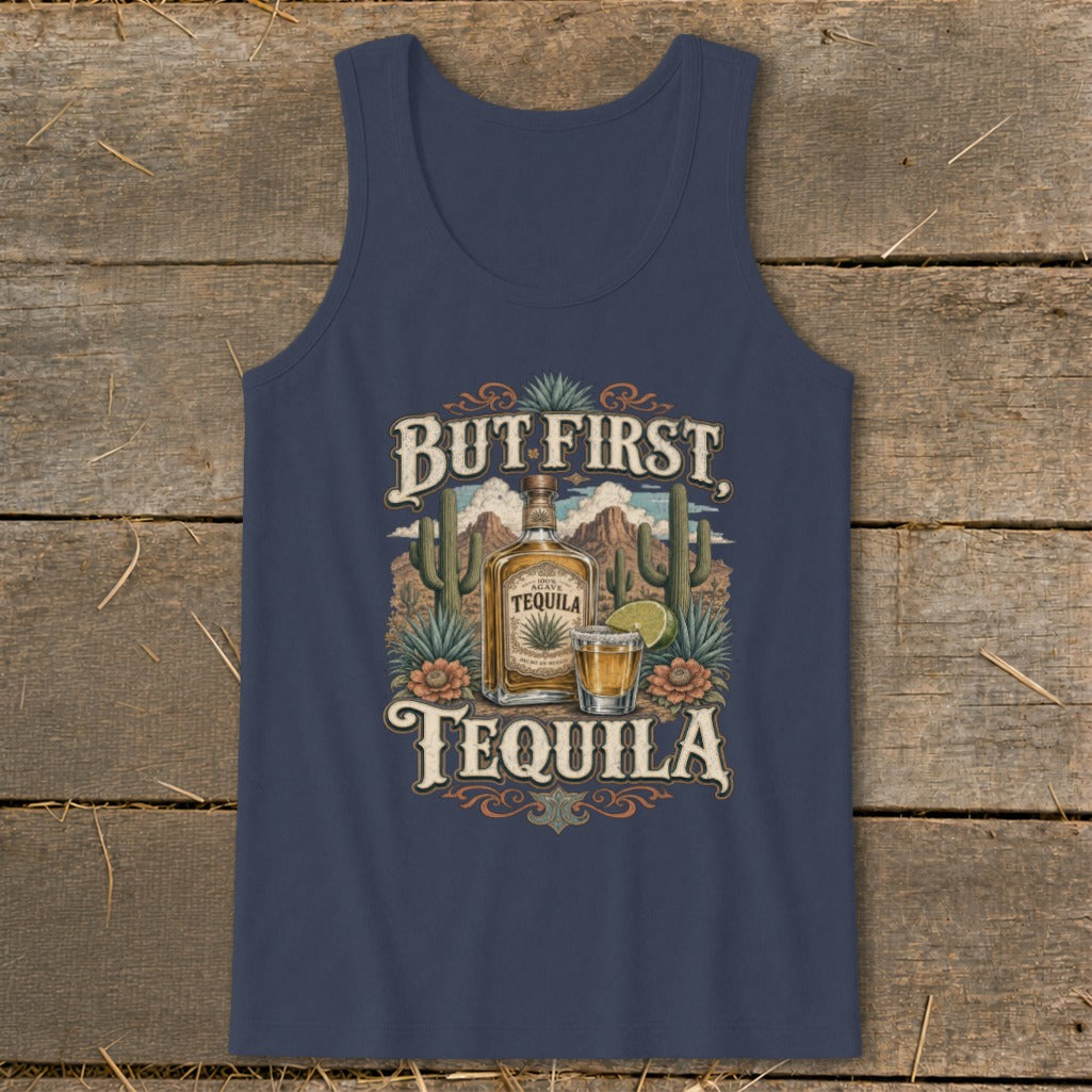 Navy tank top with "But First, Tequila" graphic featuring a tequila bottle and shot.