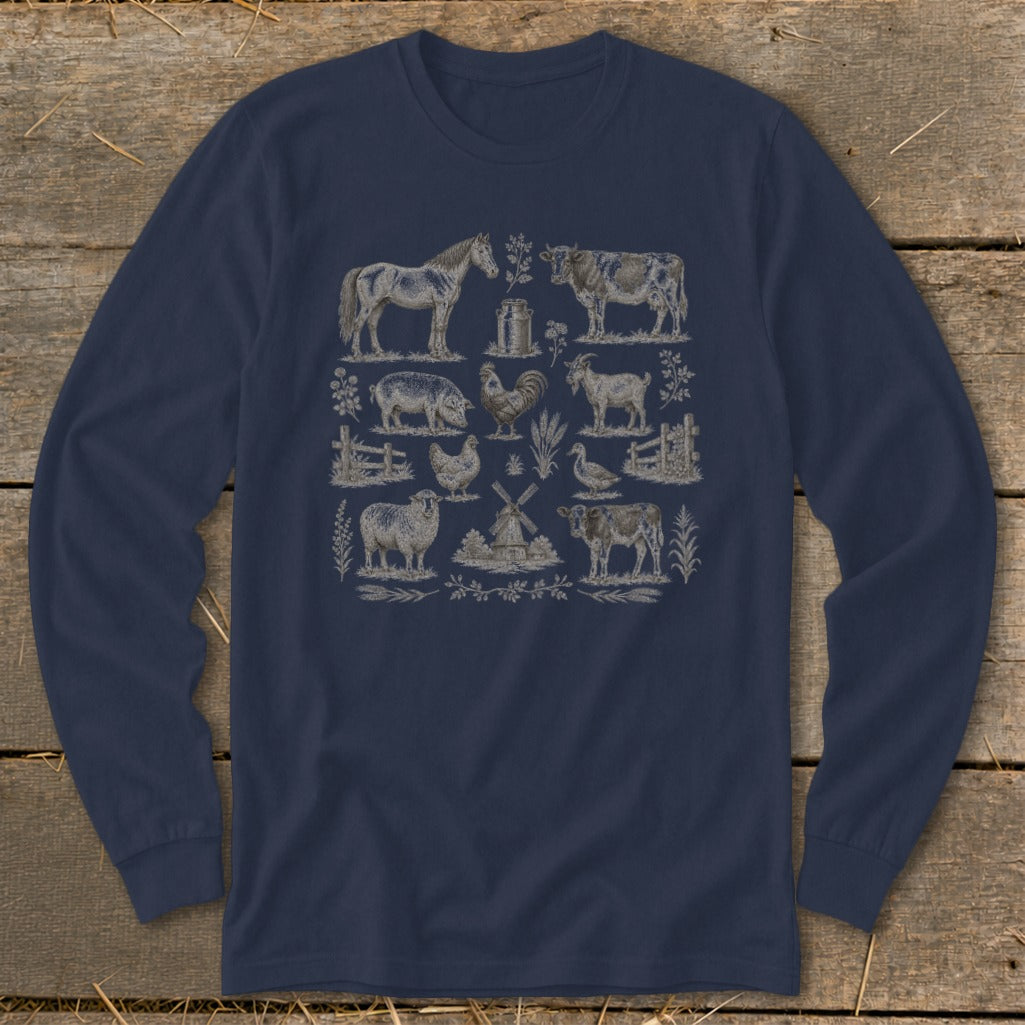 Navy long-sleeve shirt with a repeating pattern of farm animals and a windmill.
