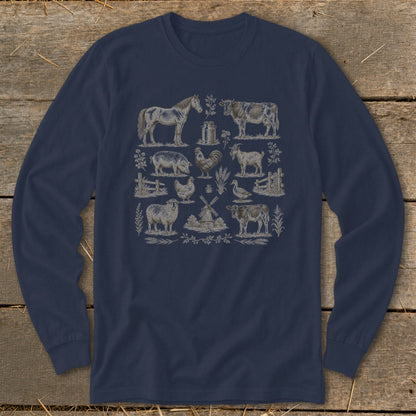 Navy long-sleeve shirt with a repeating pattern of farm animals and a windmill.