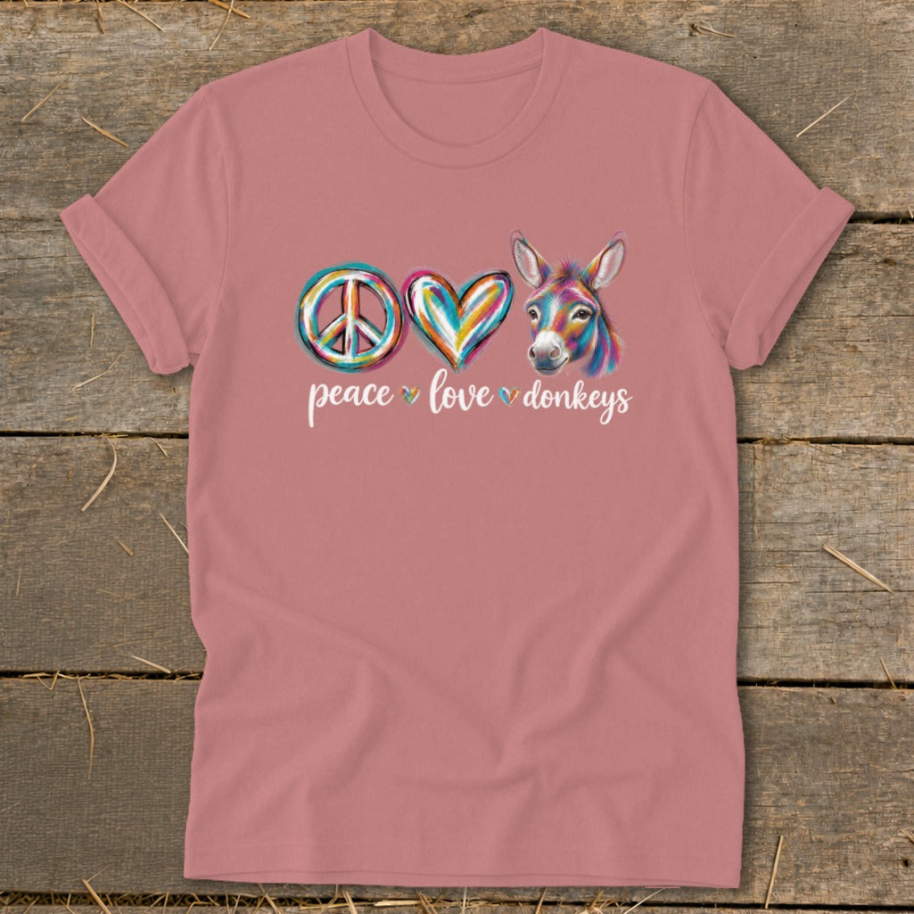 Peace, love, donkeys graphic with colorful peace sign, heart, and donkey head.