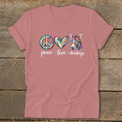 Peace, love, donkeys graphic with colorful peace sign, heart, and donkey head.